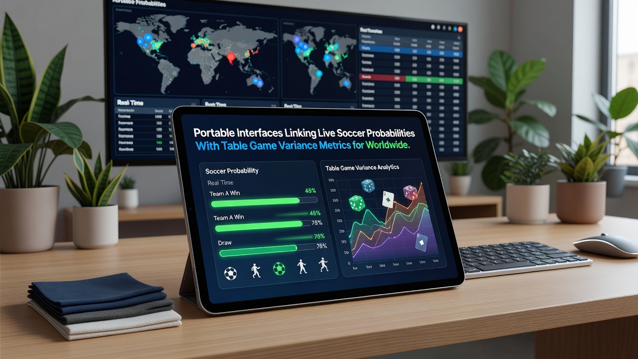 Dashboard view of synchronized soccer probabilities and table game variance metrics updating in real time
